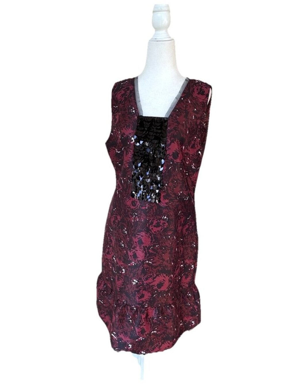 Vera Wang Simply Vera Sleeveless Maroon Black Print Cocktail Dress Sequins Large